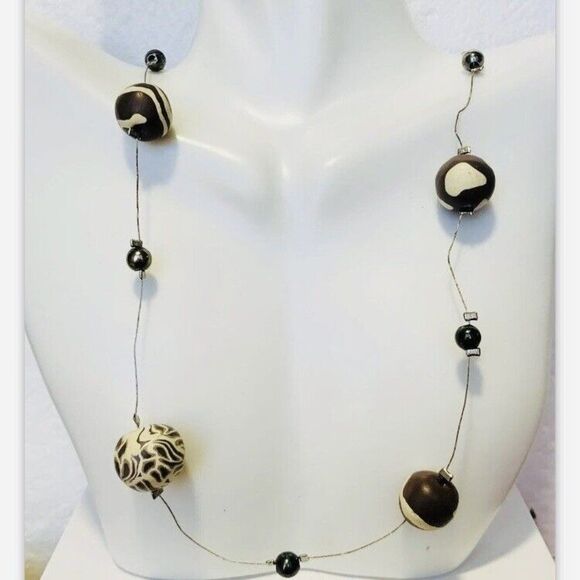 Vintage Black Beige Animal Print Beaded Silver Tone Strand Station Necklace 42” - Picture 2 of 7